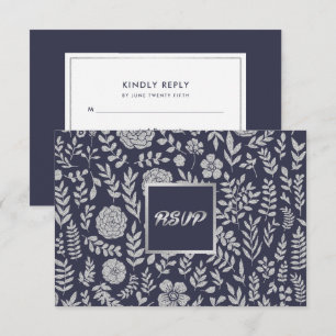 Cartons Réponse Bleu Marine Mariage floral argenté