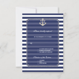 Cartons Réponse Bleu Nautique Bleu Stripes Argent Ancre Mariage RS