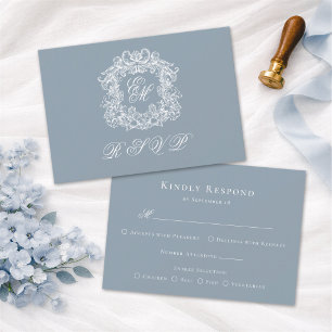 Cartons Réponse Bleu Poussiéreux Monogramme Blason Mariage Élégant
