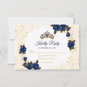 Cartons Réponse Bleu Royal Couronne de Tiara Florale Rose Quinceañ