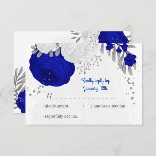 Cartons Réponse bleu royal et fleurs blanches argent mariage botan (Devant / Derrière)