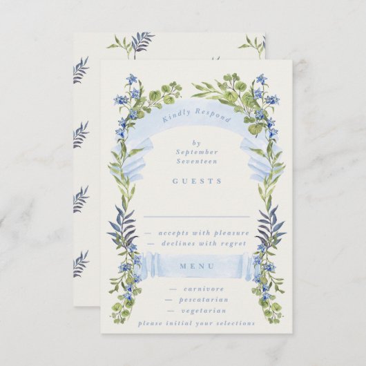 Cartons Réponse blue and greenery spring elegant wedding (Devant / Derrière)