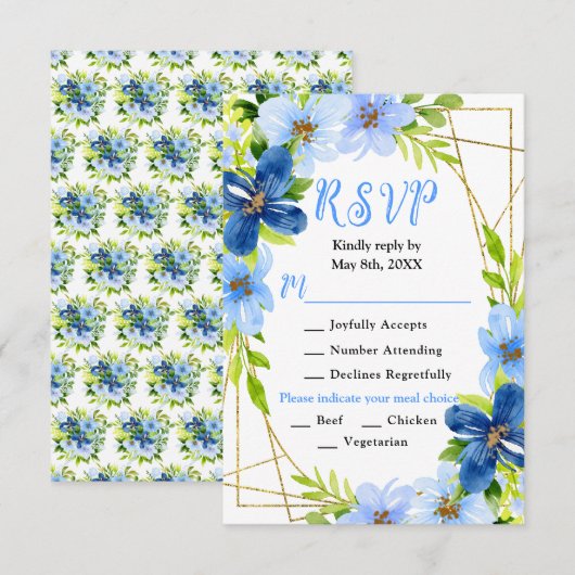 Cartons Réponse Blue and Navy Flowers with Foliage Wedding (Devant / Derrière)