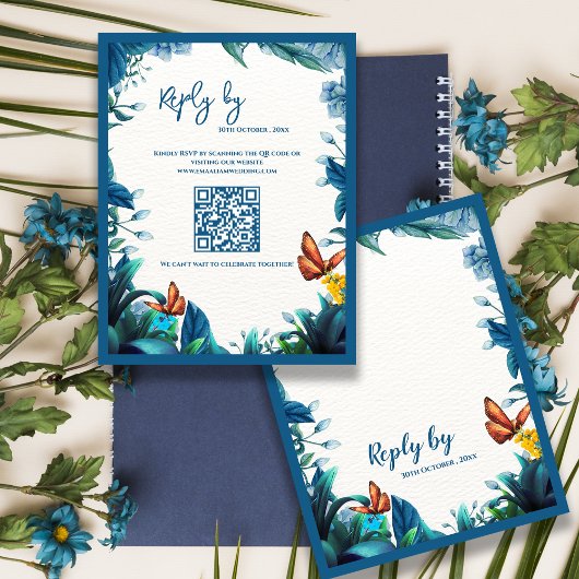 Cartons Réponse Blue Botanical Butterfly QR Code Wedding reply By
