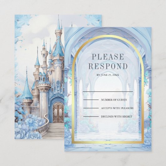 Cartons Réponse Blue Floral Fairytale Castle Wedding (Devant / Derrière)