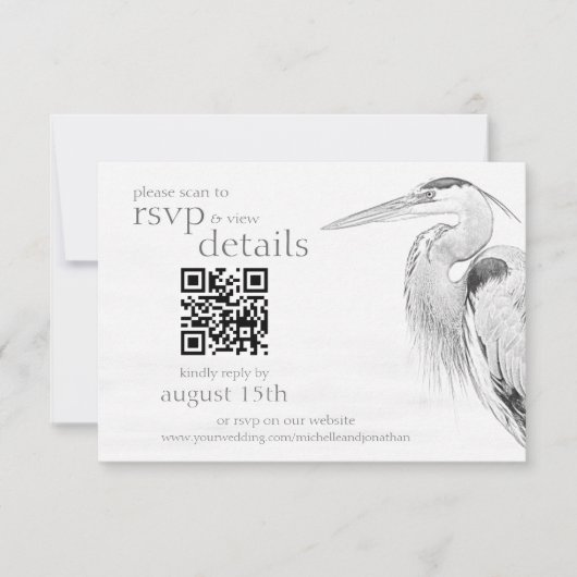 Cartons Réponse Blue Heron Sketch Mariage QR Code Détails et (Devant)