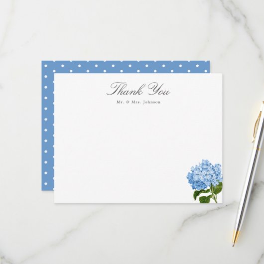 Cartons Réponse Blue Hydrangea Custom Name Thank You Flat Card (Devant/Arrière en situation)