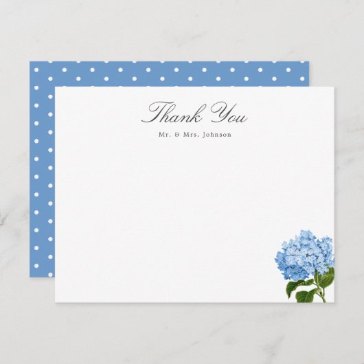 Cartons Réponse Blue Hydrangea Custom Name Thank You Flat Card (Devant / Derrière)