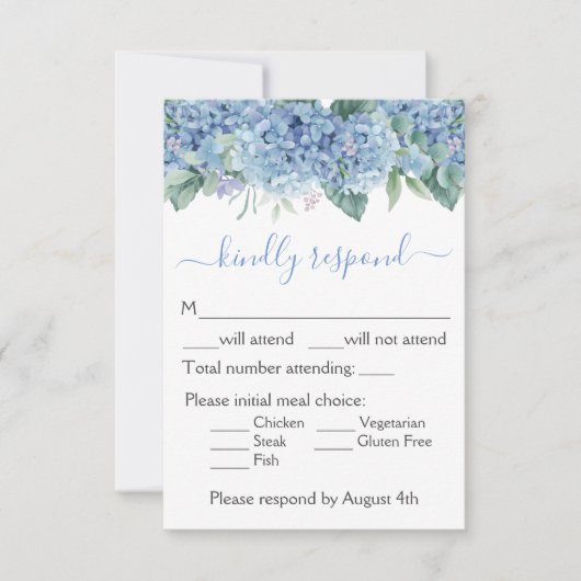 Cartons Réponse Blue Hydrangeas aquarelle Floral Mariage (Devant)