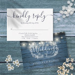 Cartons Réponse Blue Rustic Wood String Lights Floral Script<br><div class="desc">A rustic RSVP card with your details set in chic typography and personalized with your names and hand-drawn floral foliage and string lights on a rustic blue wood panels background on the reverse. Designed by Thisisnotme©</div>