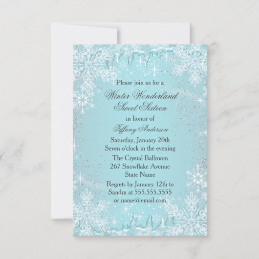 Cartons Réponse Blue Snowflake Winter Wonderland Sweet 16 Invitati (Devant)