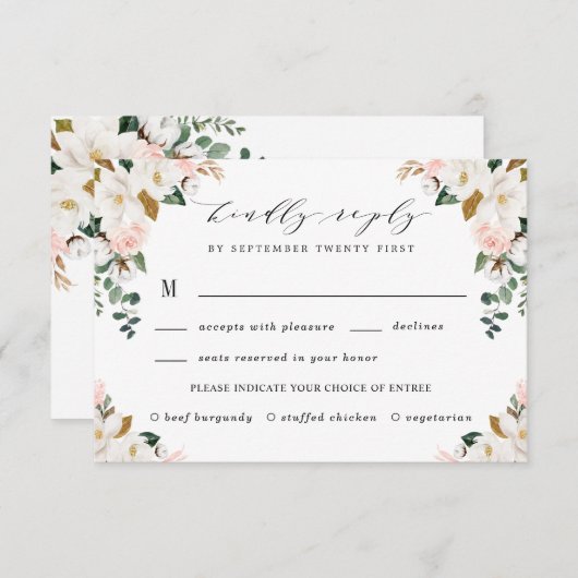Cartons Réponse Blush Meice Choice Gold et White Magnolia Mariage (Devant / Derrière)