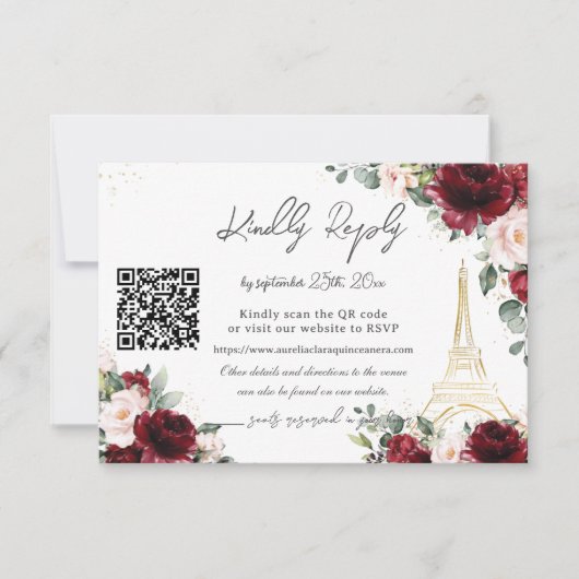 Cartons Réponse Blush Pink Floral Paris Eiffel Quinceañera QR  (Devant)