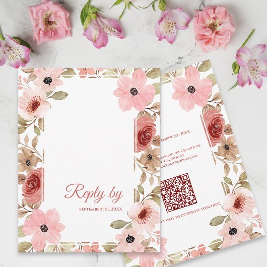 Cartons Réponse Blush Pink Floral QR Code Wedding Reply By