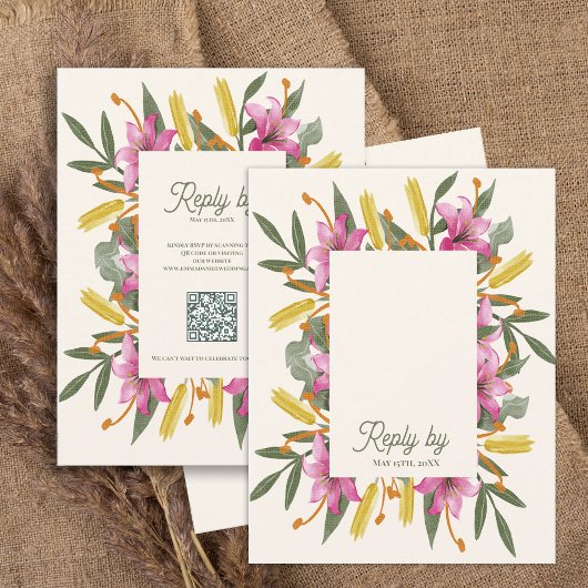 Cartons Réponse Blush Pink Lily QR Code Botanical Floral Wedding