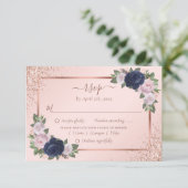 Cartons Réponse Blush Rose Gold Navy Blue Floral Mariage Repas (Debout devant)