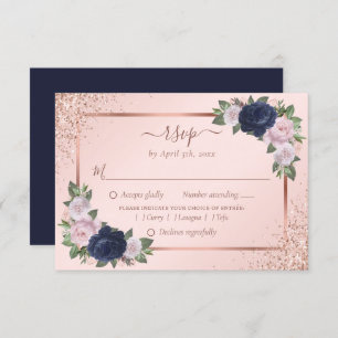Cartons Réponse Blush Rose Gold Navy Blue Floral Mariage Repas