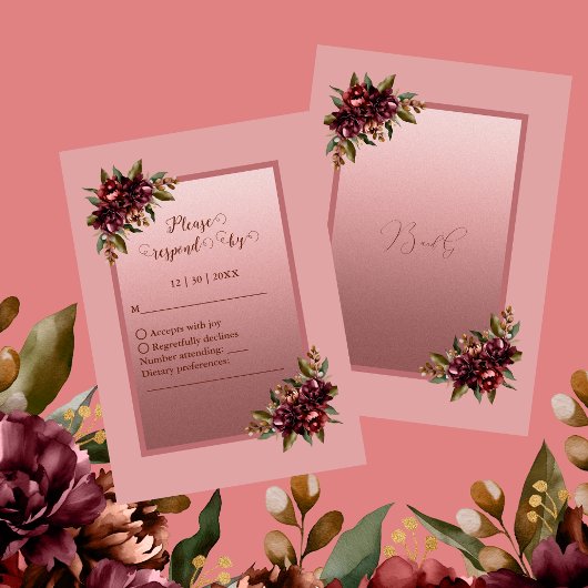 Cartons Réponse Blush Rose Gold Script - Burgundy floral wedding