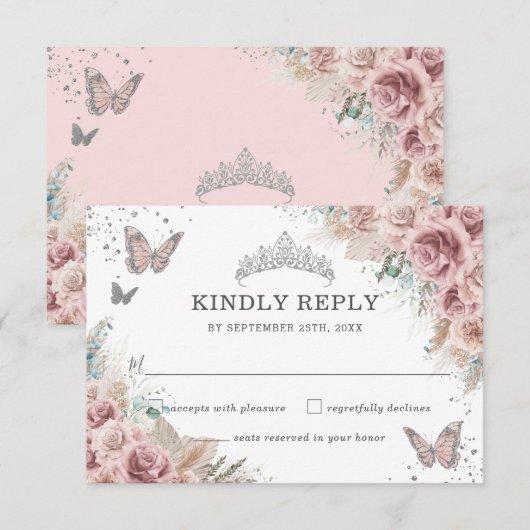 Cartons Réponse Boho Blush Dusty Rose Floral Pampas Quinceañera (Devant / Derrière)