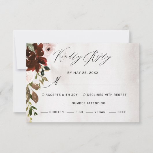 Cartons Réponse Boho Burgundy Rose Rose Aquarelle Mariage Floral (Devant)