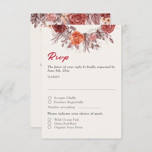 Cartons Réponse Boho de Bourgogne Rose Floral Pampas Mariage (Devant / Derrière)