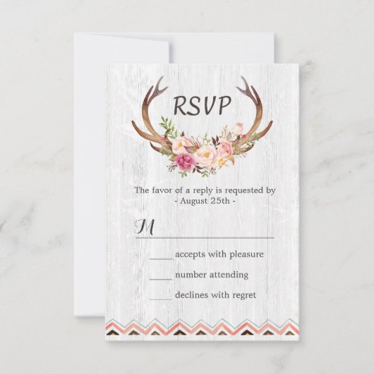 Cartons Réponse Boho Floral Antler Rustique Blanc Bois Mariage RSV (Devant)