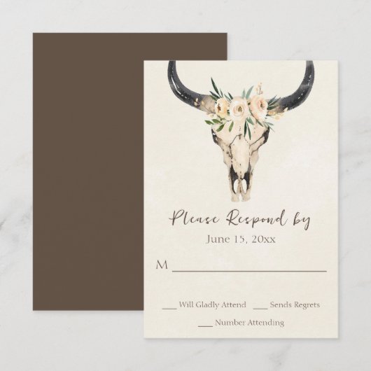 Cartons Réponse Boho Floral Vache Crâne Brown et Mariage de crème (Devant / Derrière)