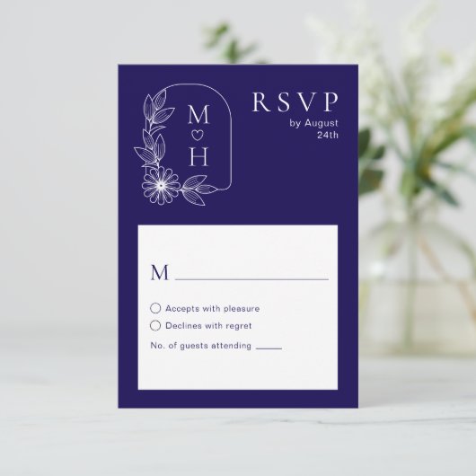 Cartons Réponse Boho Leaf Monogramme Mariage bleu et blanc élégant (Debout devant)