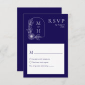 Cartons Réponse Boho Leaf Monogramme Mariage bleu et blanc élégant (Devant / Derrière)