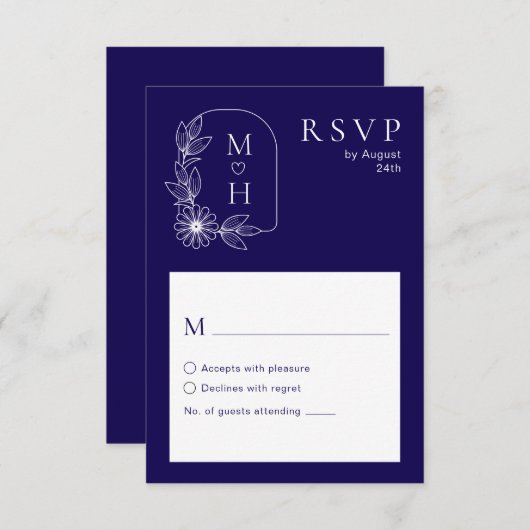Cartons Réponse Boho Leaf Monogramme Mariage bleu et blanc élégant (Devant / Derrière)