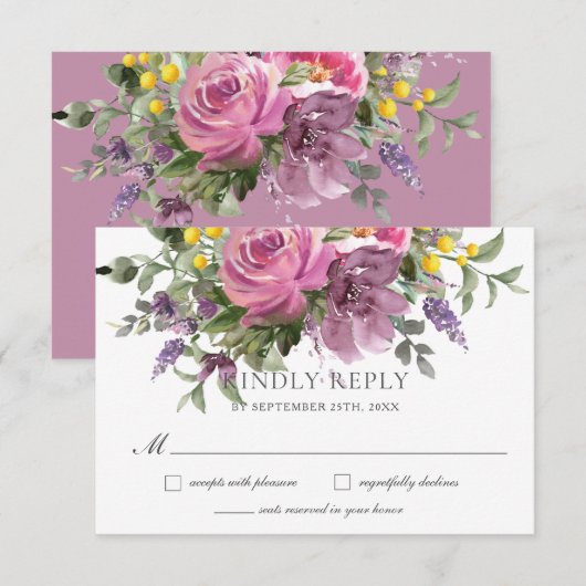 Cartons Réponse Boho Magenta Purple Rose Mauve Mariage Floral (Devant / Derrière)