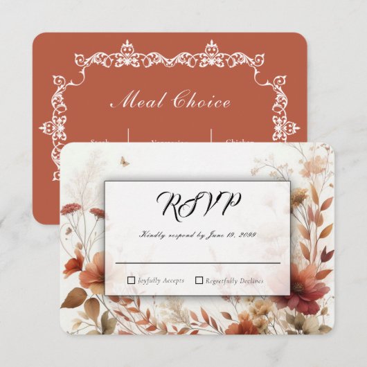Cartons Réponse Boho Marron avec Papillons Fleurs de Mariage (Devant / Derrière)