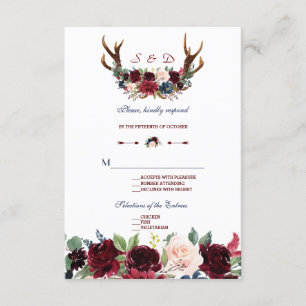 Cartons Réponse Boho Merlot Marine Blue Floral Antlers Mariage RSV