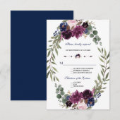 Cartons Réponse Boho Merlot Marine Blue Floral Antlers Mariage RSV (Devant / Derrière)