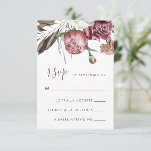 Cartons Réponse Boho Neutre Floral Moderne Mariage Script (Debout devant)
