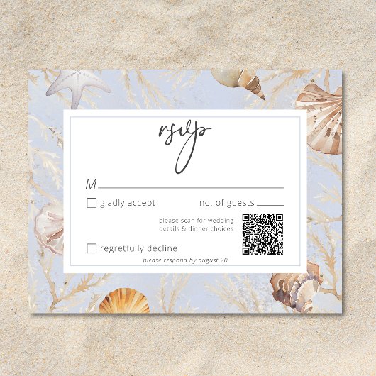 Cartons Réponse Boho Ocean Dusty Blue Sur la plage Mariage QR