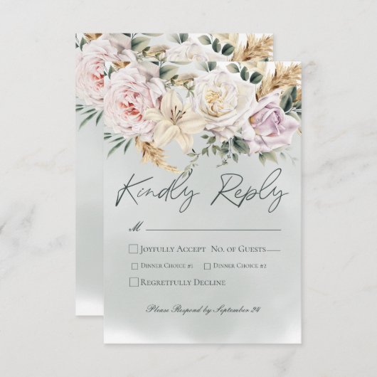 Cartons Réponse Boho Pampas & Roses Rose Mariage vert (Devant / Derrière)