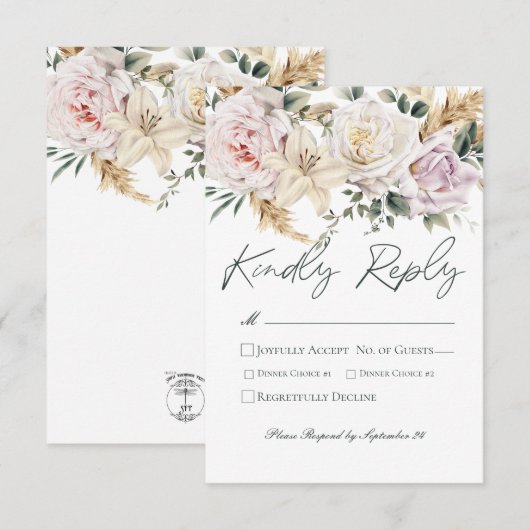 Cartons Réponse Boho Pampas & Roses Roses Rose Mariage blanc (Devant / Derrière)