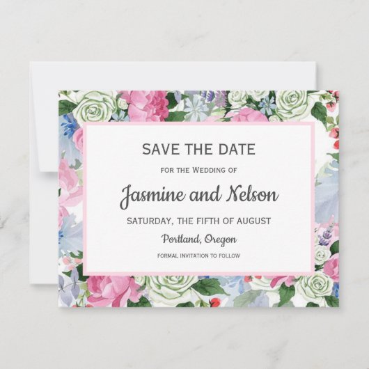 Cartons Réponse Boho rose Lilac bleu Fleurs Mariage Enregistrer la (Devant)