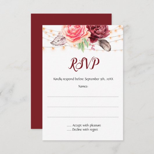 Cartons Réponse Boho Roses plumes Mariage (Devant / Derrière)