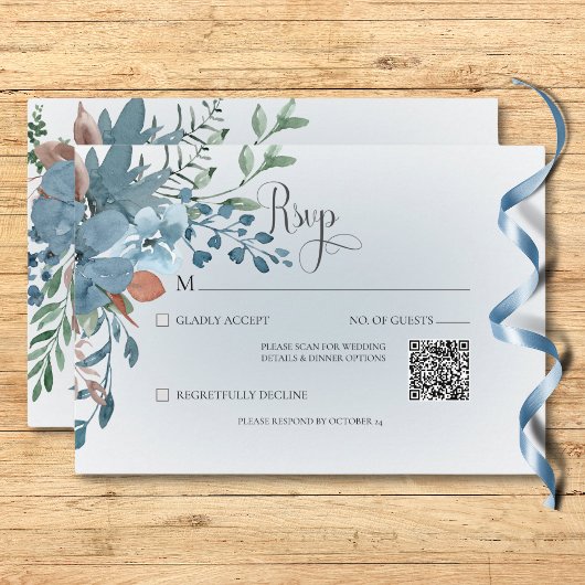 Cartons Réponse Boho Rust & Blue Floral Mariage Blanc QR Code