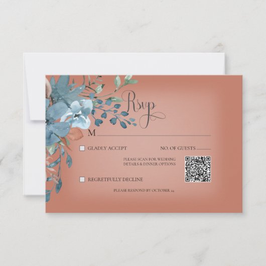 Cartons Réponse Boho Rust & Blue Floral Mariage Rust QR Code (Devant)