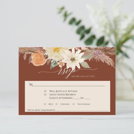 Cartons Réponse BOHO Rust Eart Fall Floral Pampas Grass Mariage (Debout devant)