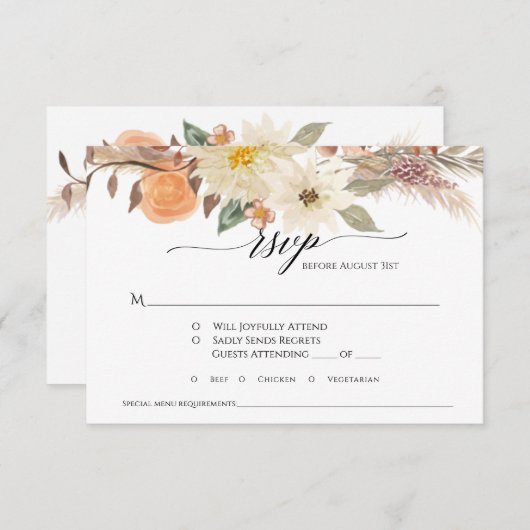 Cartons Réponse BOHO Terme Automne Floral Pampas Mariage en herbe (Devant / Derrière)