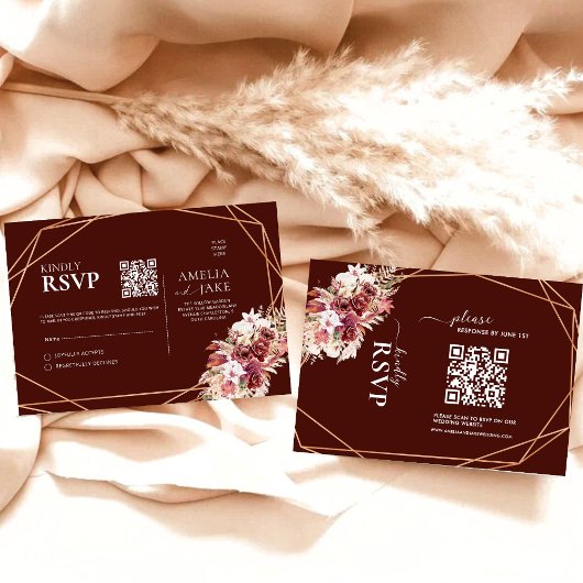 Cartons Réponse Boho Terracotta & Burgundy Floral QR Code Wedding 