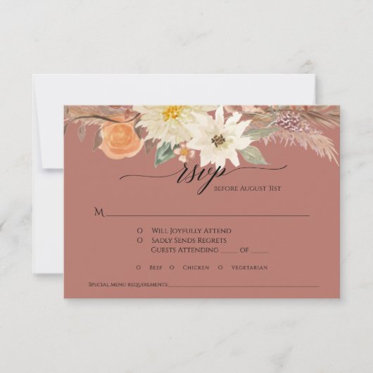 Cartons Réponse BOHO Terracotta Fall Floral Pampas Grass Mariage (Devant)