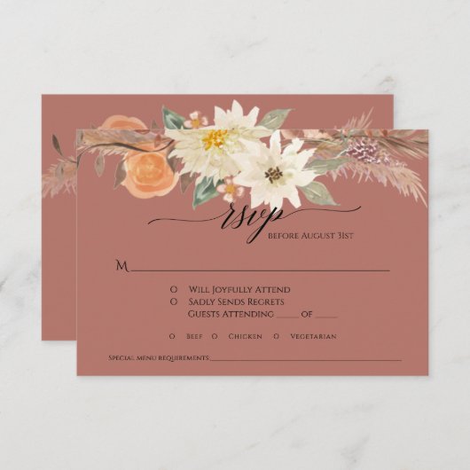 Cartons Réponse BOHO Terracotta Fall Floral Pampas Grass Mariage (Devant / Derrière)