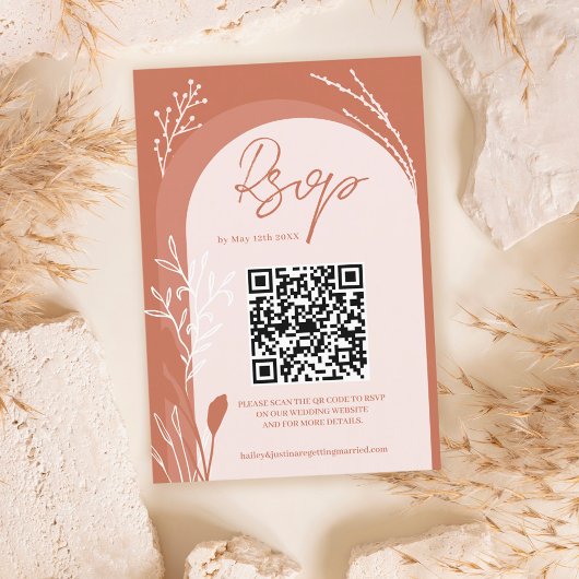 Cartons Réponse Boho terracotta floral Qr code script arch mariage