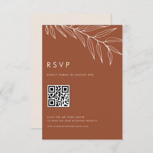 Cartons Réponse Boho Terracotta Minimalist Foliage Mariage QR Code (Devant / Derrière)
