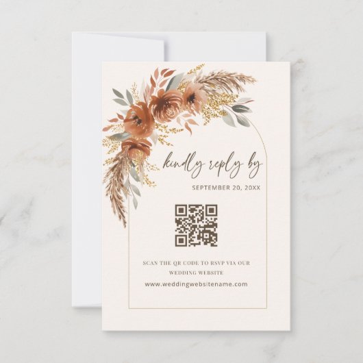 Cartons Réponse Boho Terracotta Rust Fall Floral Mariage QR Code (Devant)